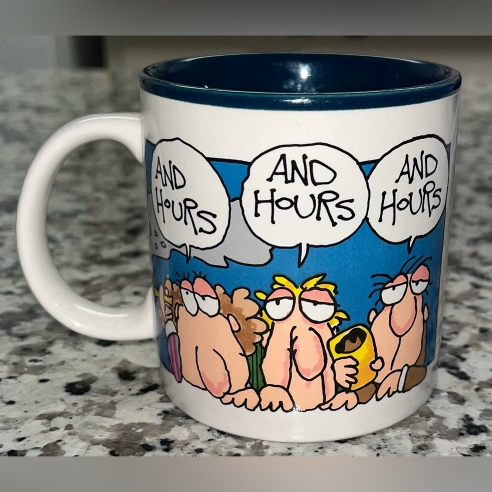 Mug Shots by Dabagian 1987 Potpourri Press Coffee Cup "Meetings Drag On" EUC
